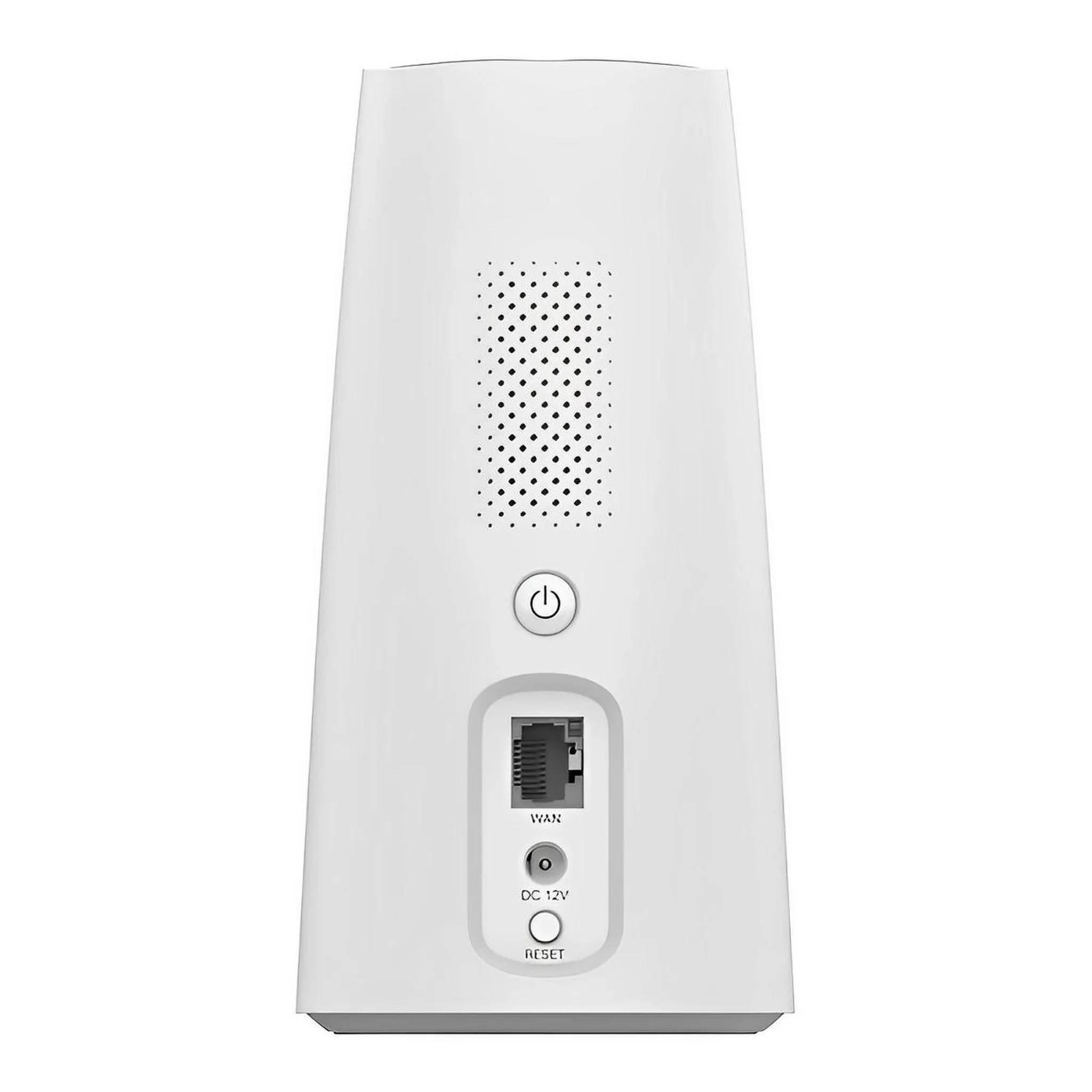 Weißes zylindrisches elektronisches Gerät mit Lüftungsgitter für Lautsprecher, Stromschalter, Ethernet-Anschluss, DC-12V-Anschluss und Zurücksetzen-Taste auf der Vorderseite.