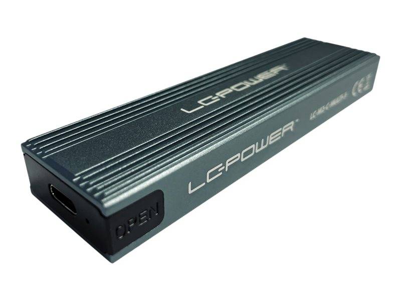 Externes Festplattengehäuse von LCPower in Schwarz mit geripptem Metallgehäuse und 'OPEN'-Beschriftung an der Öffnung