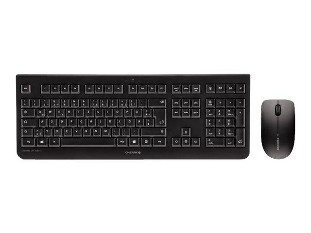 Eine schwarze kabellose Tastatur und eine passende Maus nebeneinander auf weißem Hintergrund.