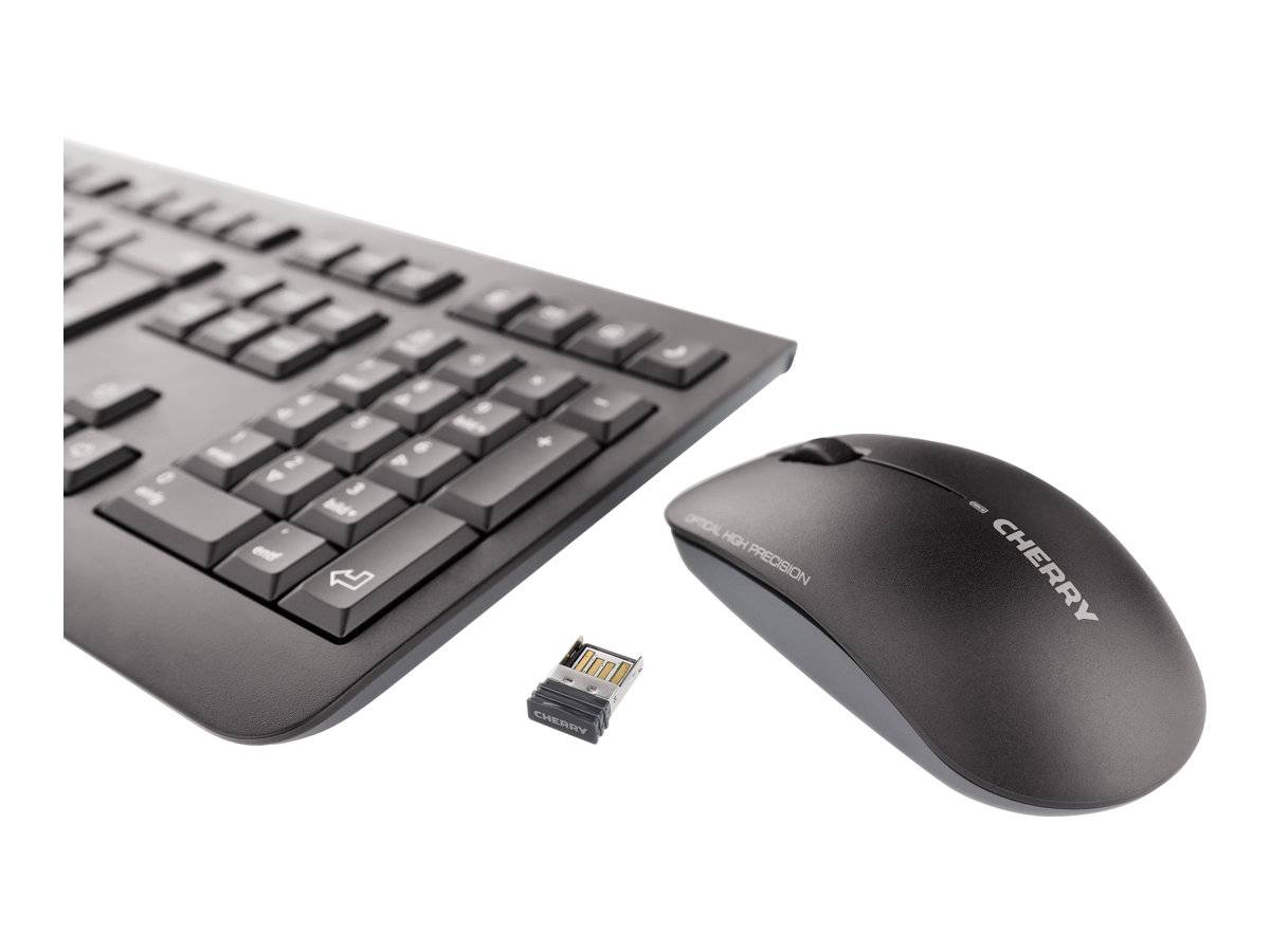 Kabelloses Tastatur- und Mausset mit kleinem USB-Empfänger auf weißem Hintergrund.