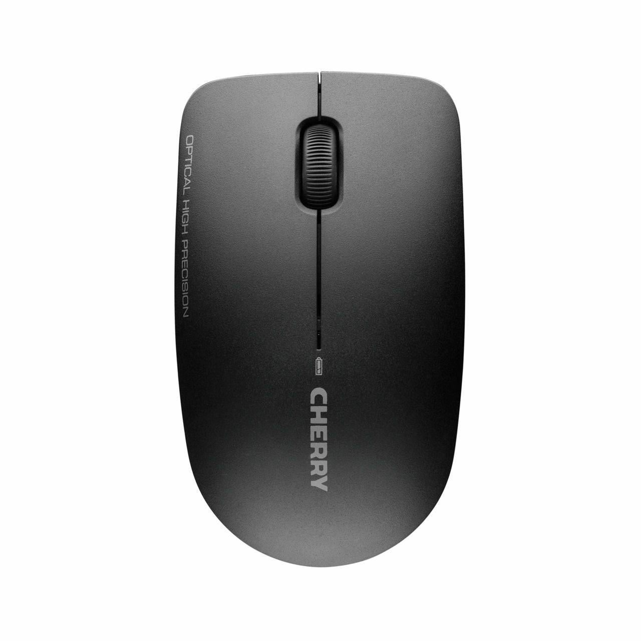 Schwarze kabellose Computermaus von Cherry von oben gezeigt mit Scrollrad und „CHERRY"-Branding.