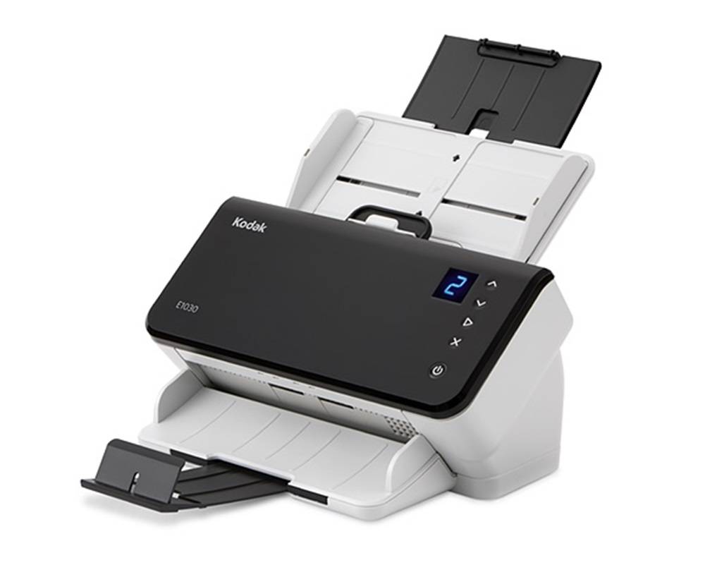 Kodak-Dokumentenscanner mit automatischem Zuführwerk, vorderer Ausgabeschacht und kleinem digitalen Display mit der Anzeige „2