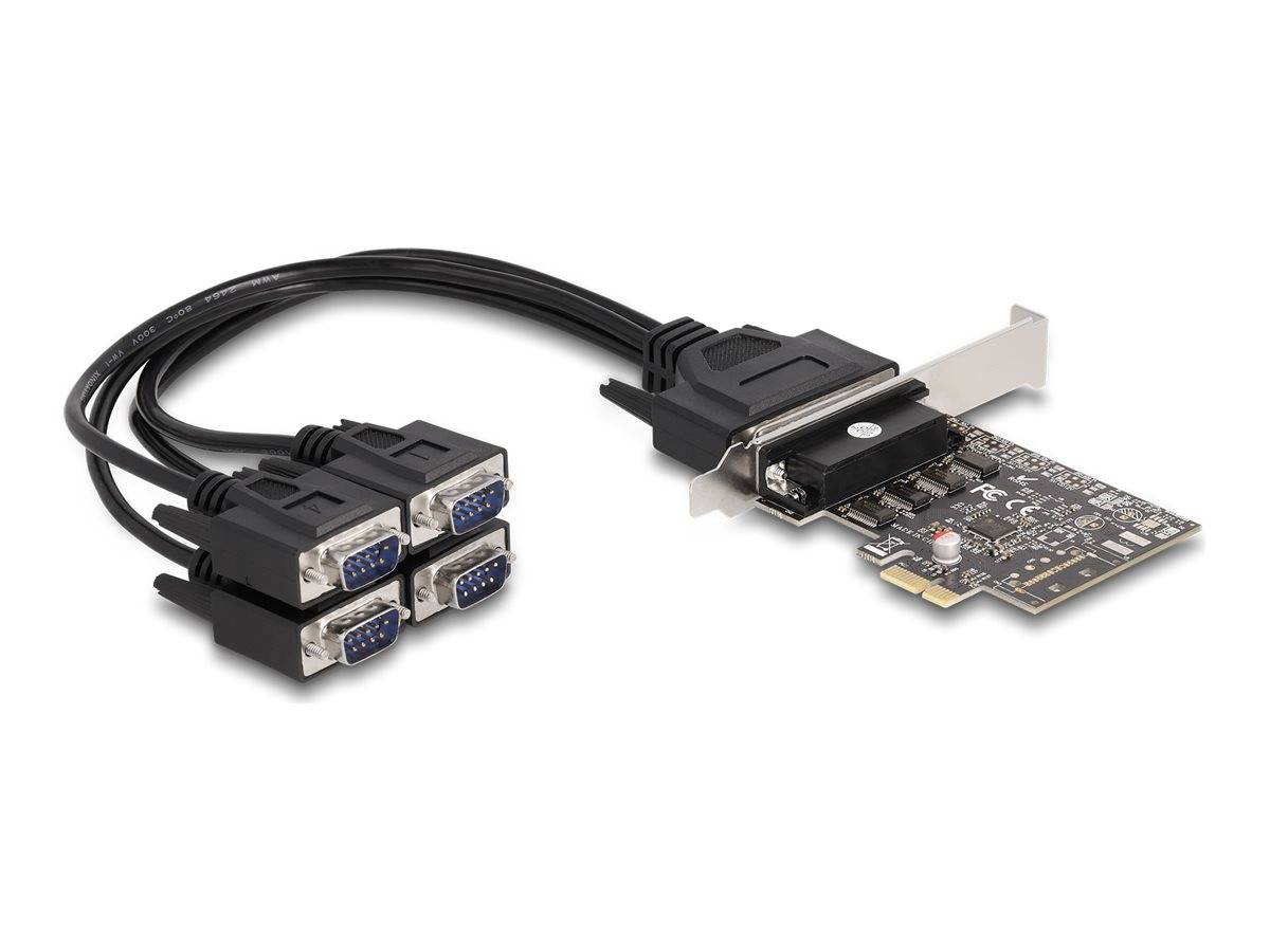 PCI-Erweiterungskarte mit einem Breakout-Kabel, das in vier VGA-Anschlüssen endet, wird verwendet, um mehrere Monitore anzuschließen.