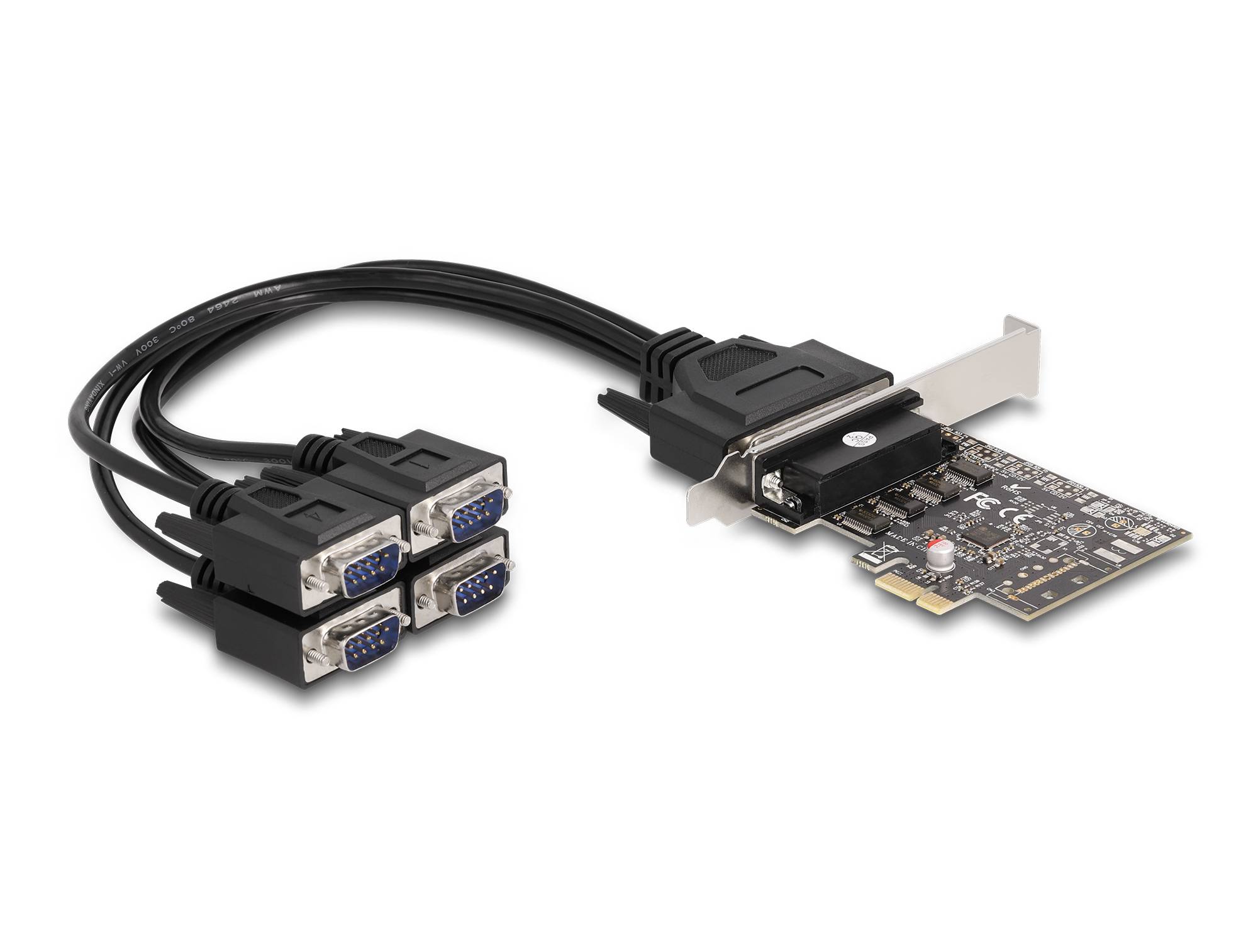 PCIe-Erweiterungskarte mit einer Halterung und Kabel, das sich in vier VGA-Anschlüsse aufteilt, um mehrere Monitore oder Displays anzuschließen.