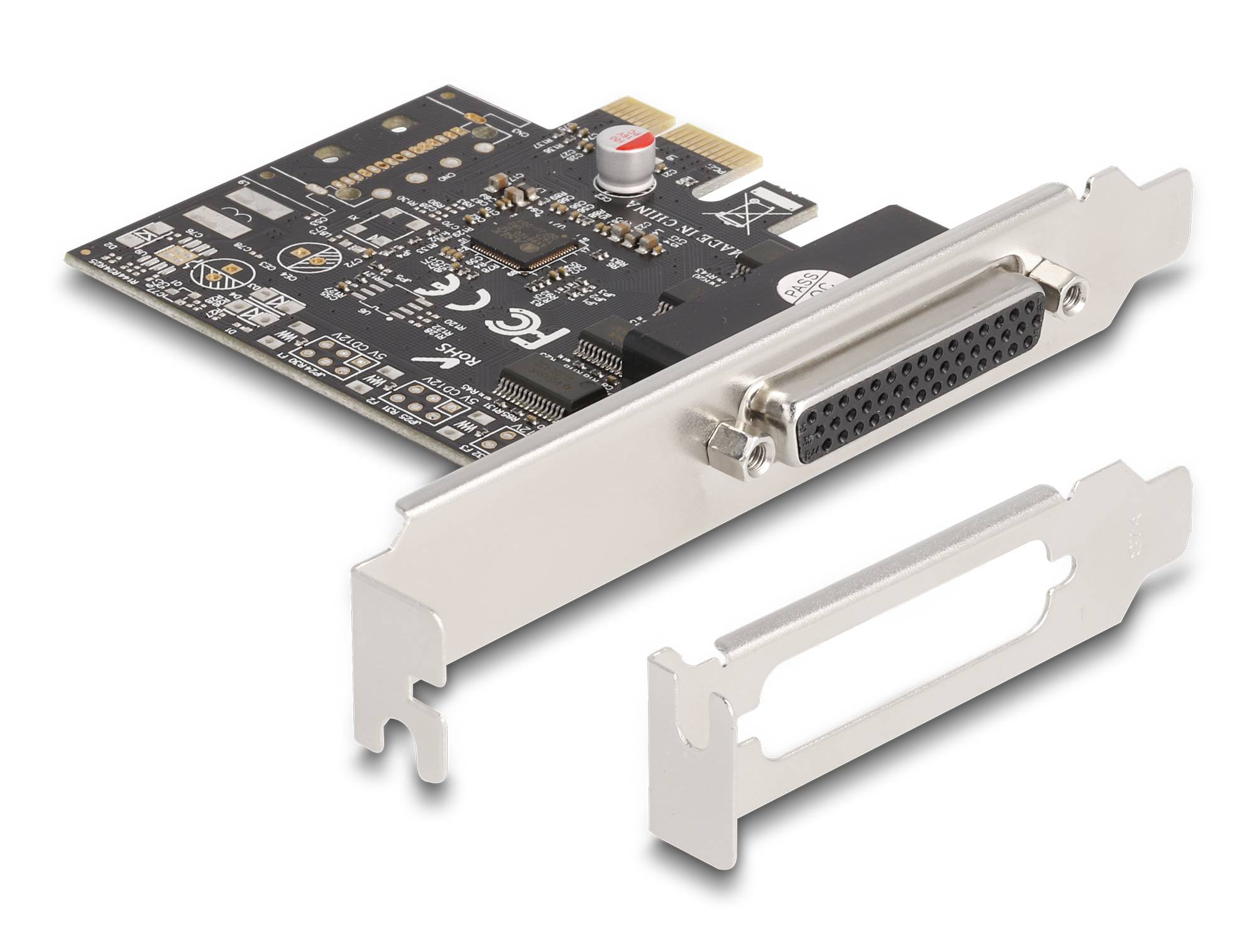 PCIe-Erweiterungskarte mit einem D-Sub-Anschluss und abnehmbarer Metallhalterung, die neben der Karte gezeigt wird.
