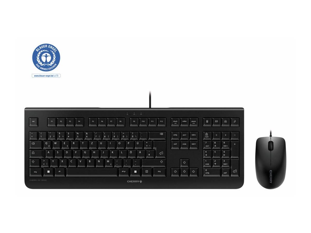 Schwarze kabelgebundene Tastatur und passende Maus auf weißem Hintergrund, mit einem kleinen blauen Zertifizierungslogo oben links.