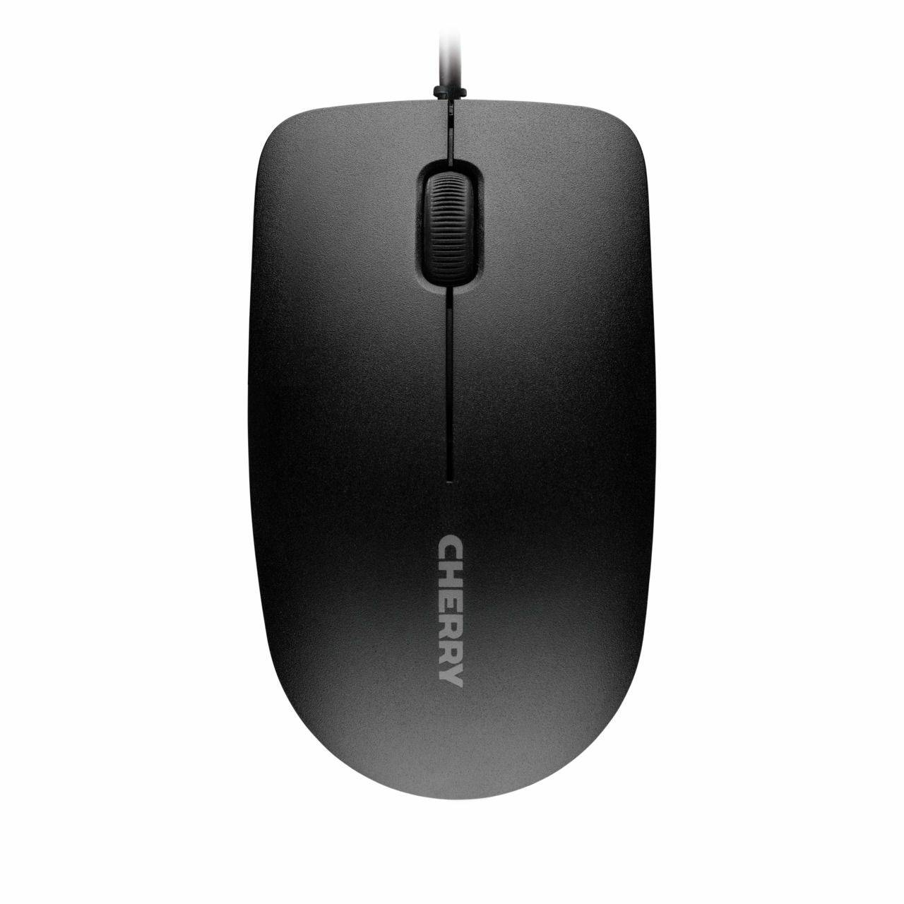 Schwarze kabelgebundene Computermaus mit Scrollrad und „CHERRY"-Logo auf weißem Hintergrund