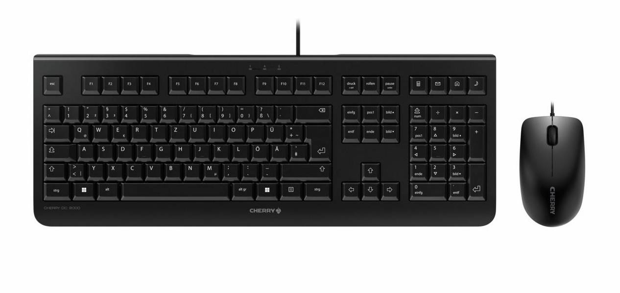 Schwarze Vollgröße-Tastatur mit Nummernblock und passender kabelloser Maus auf weißem Hintergrund.