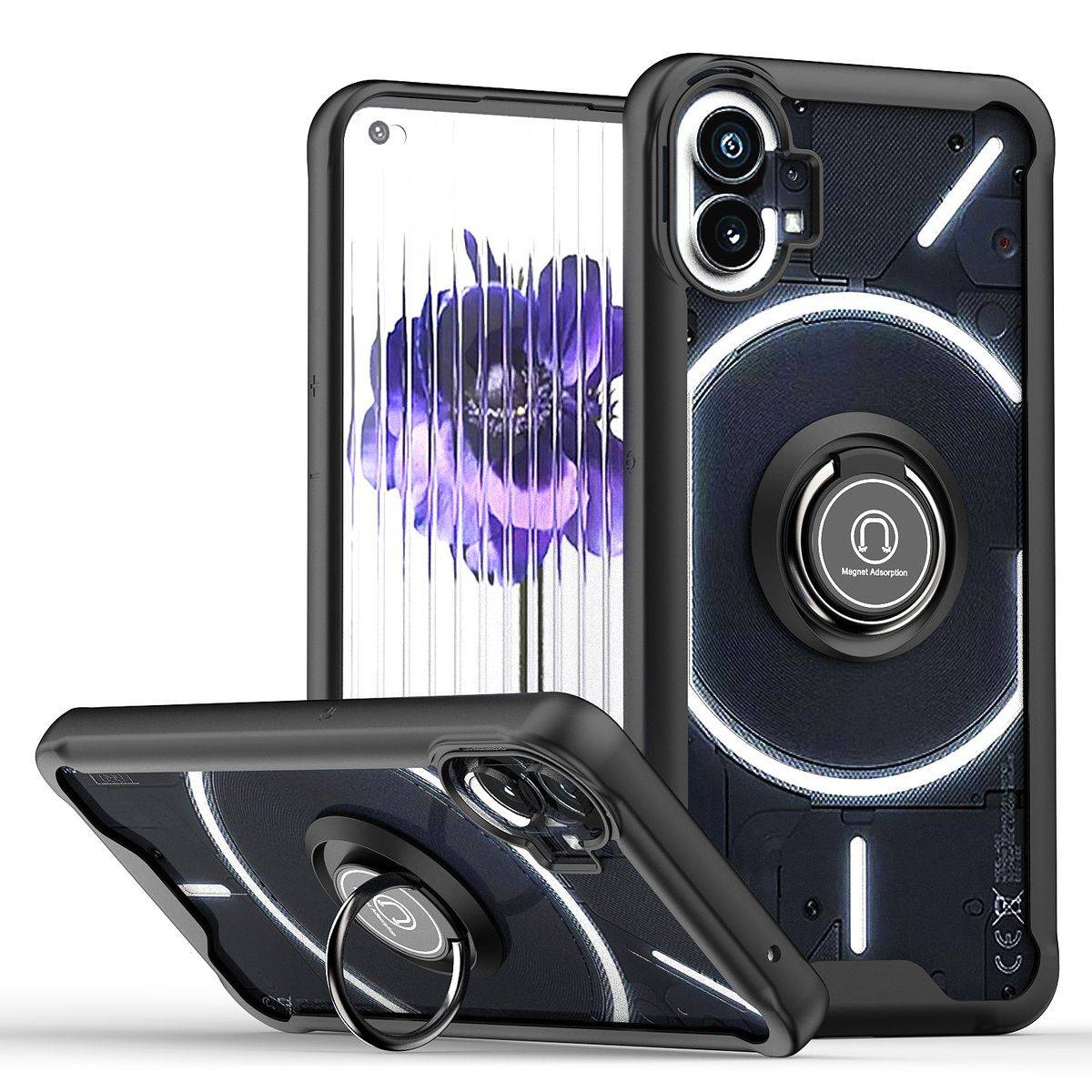 Für Nothing Phone 1 TPU / PC Design Ring Cover Handy Tasche Hülle Schutz Etuis Schwarz Neu