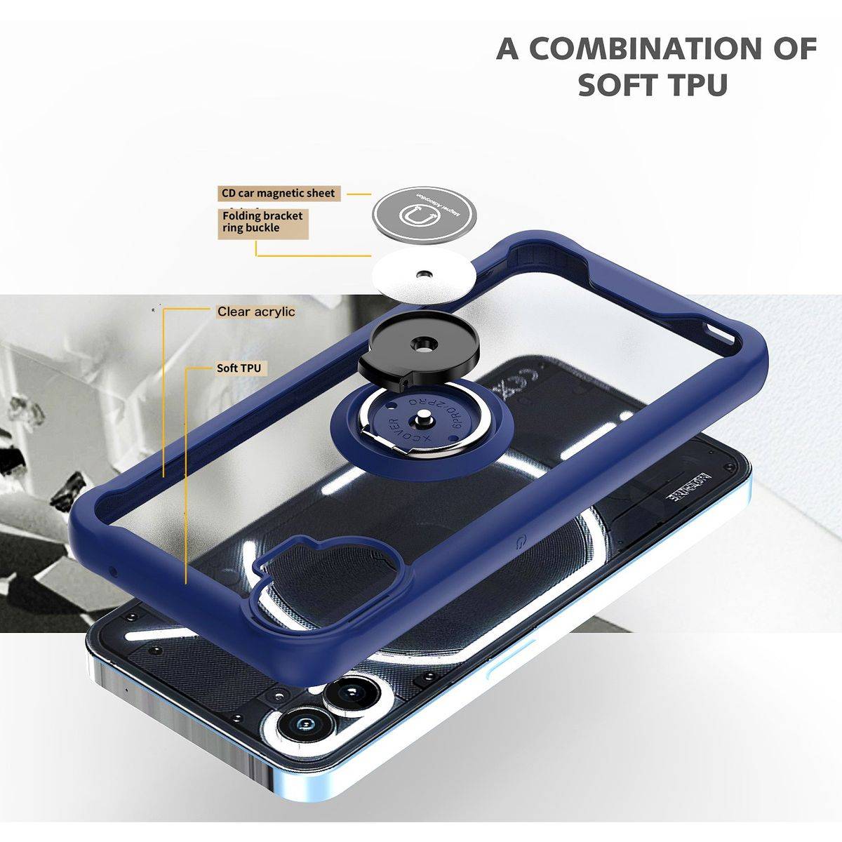 Für Nothing Phone 1 TPU / PC Design Ring Cover Handy Tasche Hülle Schutz Etuis Schwarz Neu