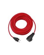 Aufgerolltes rotes Verlängerungskabel mit schwarzem Stecker und Buchsenende auf weißem Hintergrund.