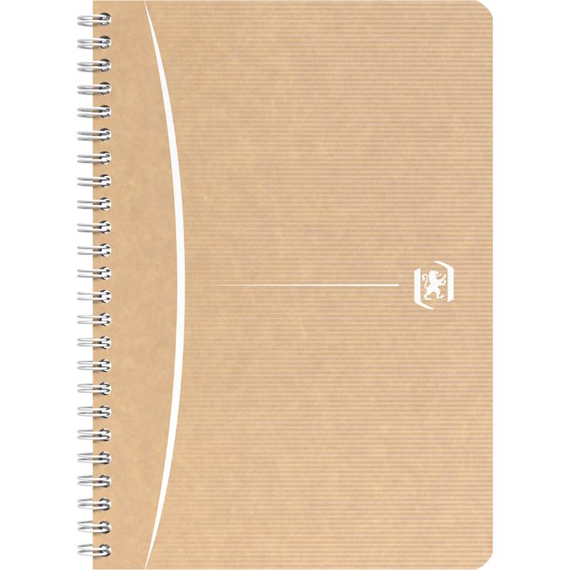 Ein brauner Spiralblock mit dünnen weißen Vertikalstreifen und einem weißen Wappenschild-Logo in der oberen rechten Ecke.