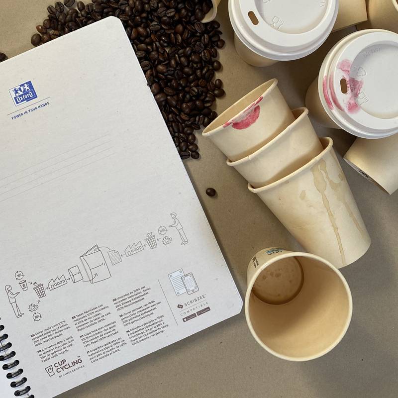 Ein Notizbuch mit einem Recycling-Logo und Skizzen zum Thema Becherrecycling ist von gebrauchten Kaffeetassen umgeben. Kaffeebohnen sind in der Nähe verstreut.