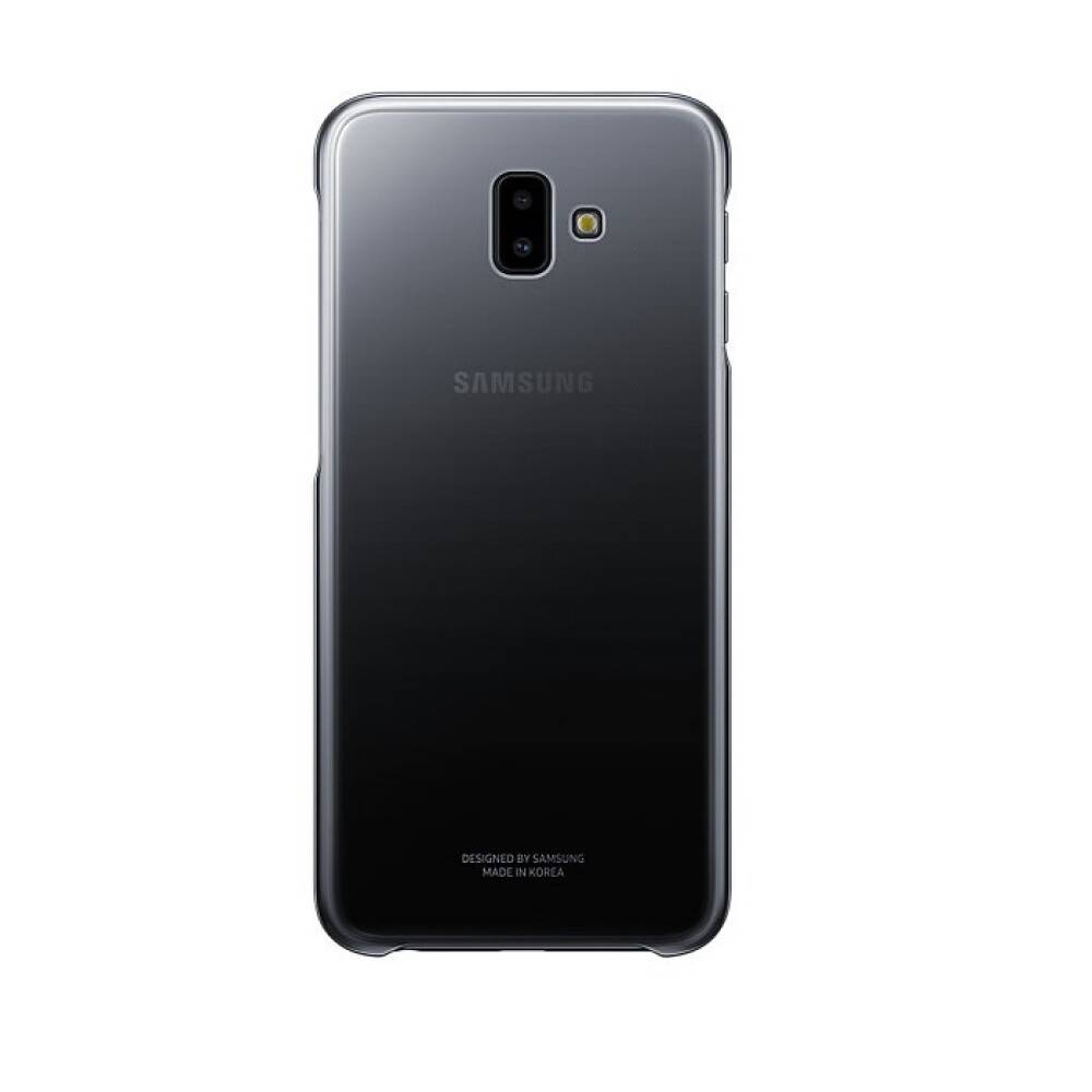 Rückseite eines schwarzen Samsung-Smartphones mit zentraler Rückfahrkamera und Blitz auf weißem Hintergrund.