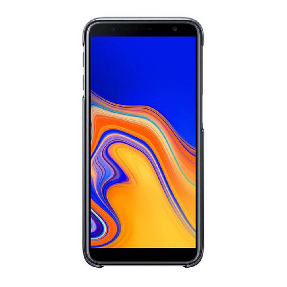 Vorderansicht eines Smartphones, das auf seinem Bildschirm ein abstraktes Hintergrundbild in Blau, Orange und Gelb anzeigt.