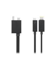 Drei schwarze Kabelstecker mit weißen Spitzen auf einfachem weißem Hintergrund, einschließlich eines größeren Steckers und zwei kleineren.