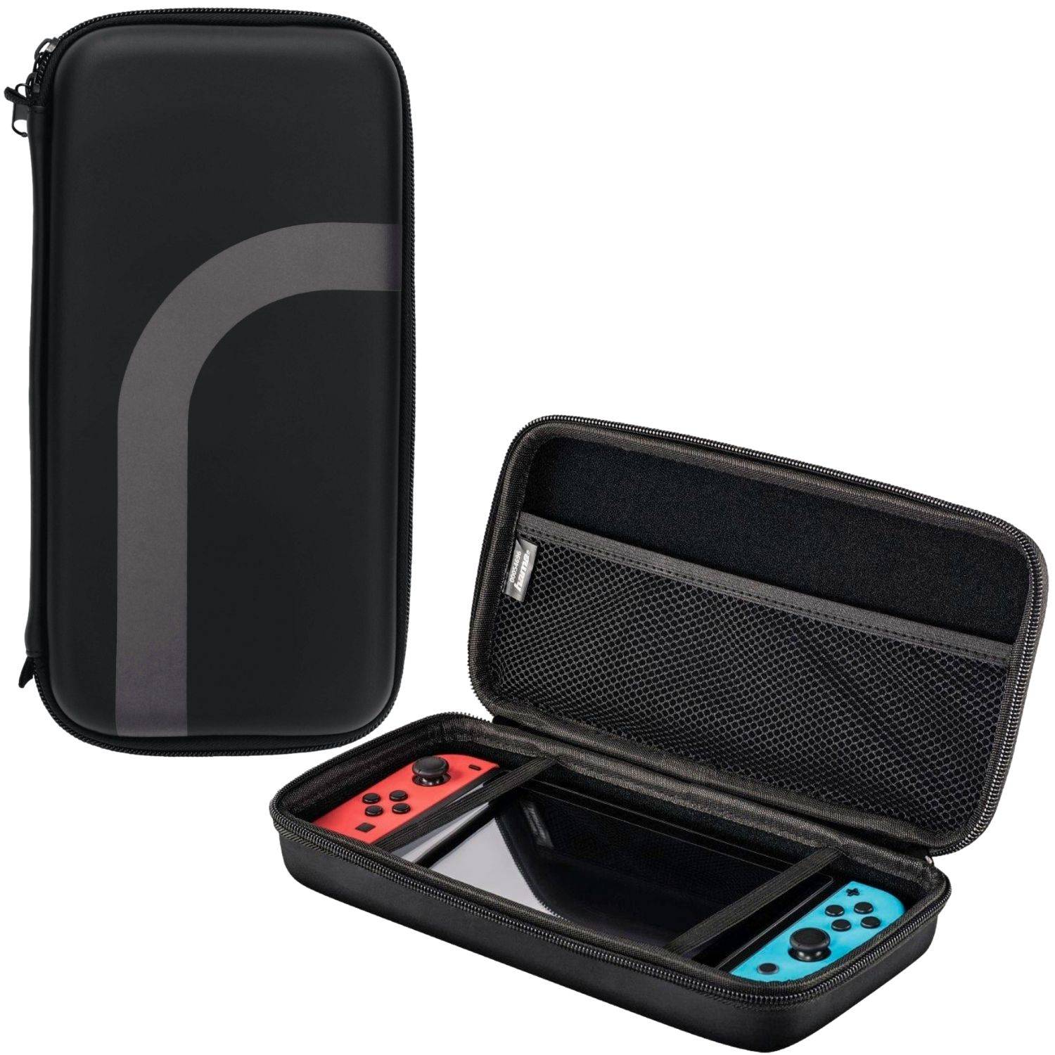 Schwarze Tragetasche mit Reißverschluss und offener Reisekoffer mit einer Nintendo Switch-Konsole mit roten und blauen Joy-Con-Controllern.