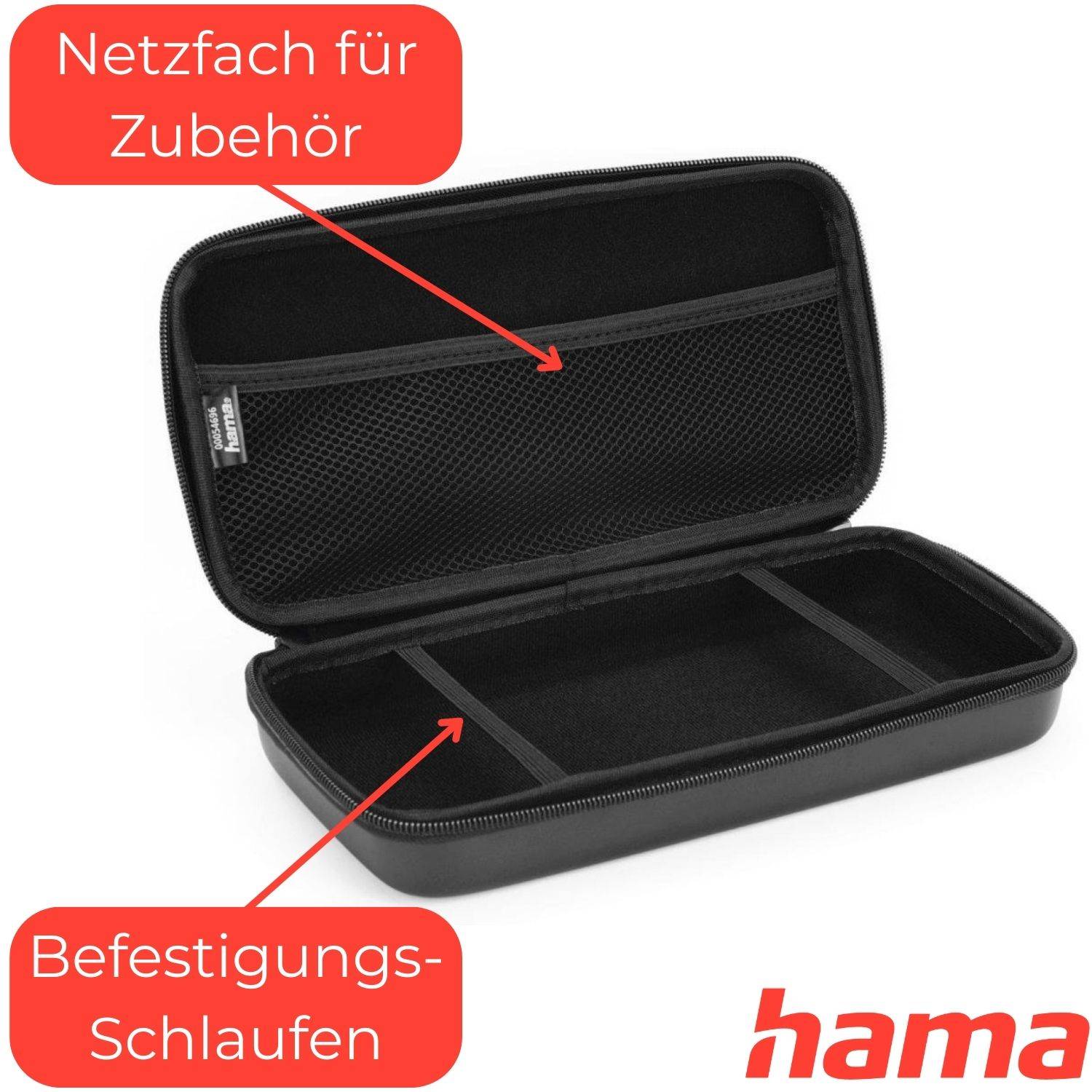 Offener schwarzer Hartschalenkoffer mit Netzfach für Zubehör im Deckel und Befestigungsschlaufen im Inneren; deutsche Beschriftungen zeigen auf „Netzfach für Zubehör" und „Befestigungsschlaufen"".