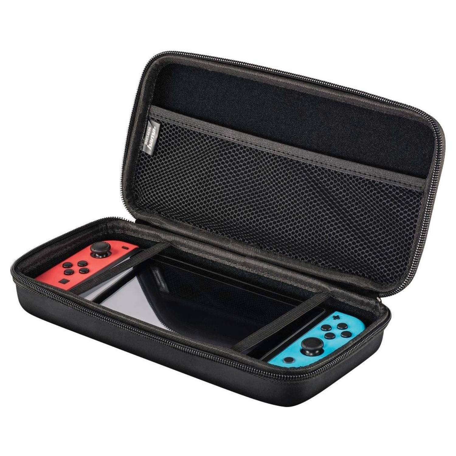 Offener schwarzer Reißverschluss-Transportkoffer mit einer Nintendo Switch-Konsole mit roten und blauen Joy-Con-Controllern