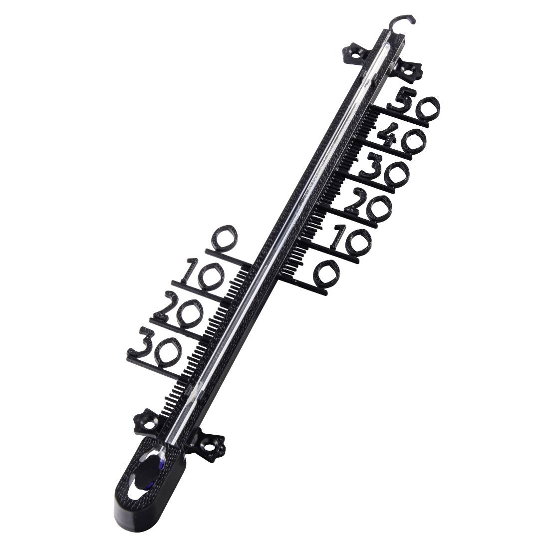 Ein schwarzer, länglicher 3D-Thermometer mit Ziffern von 0 bis 30 zur Temperaturmessung, ausgestattet mit Aufhängehaken für die Wandmontage.