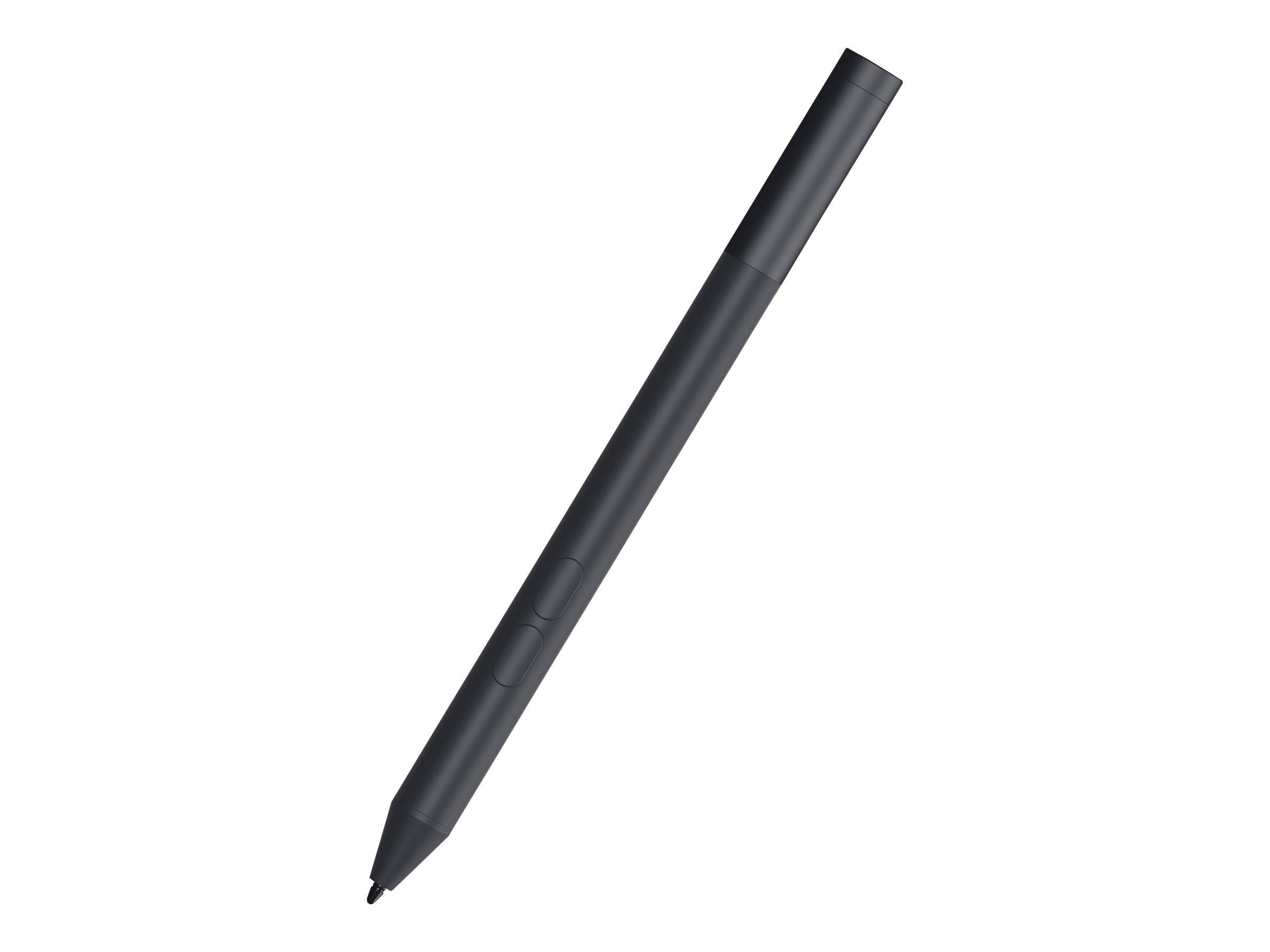 Ein schwarzer Stylus-Stift mit elegantem Design ist diagonal vor einem weißen Hintergrund positioniert.