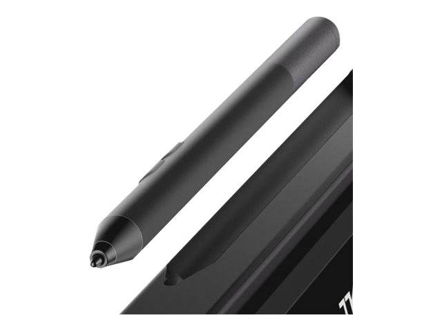 Eine Eingabestift-Spitze, die schräg über einem digitalen Tablet schwebt und andeutet, dass er für die Nutzung mit dem Gerät konzipiert ist, möglicherweise zum Zeichnen oder Schreiben.