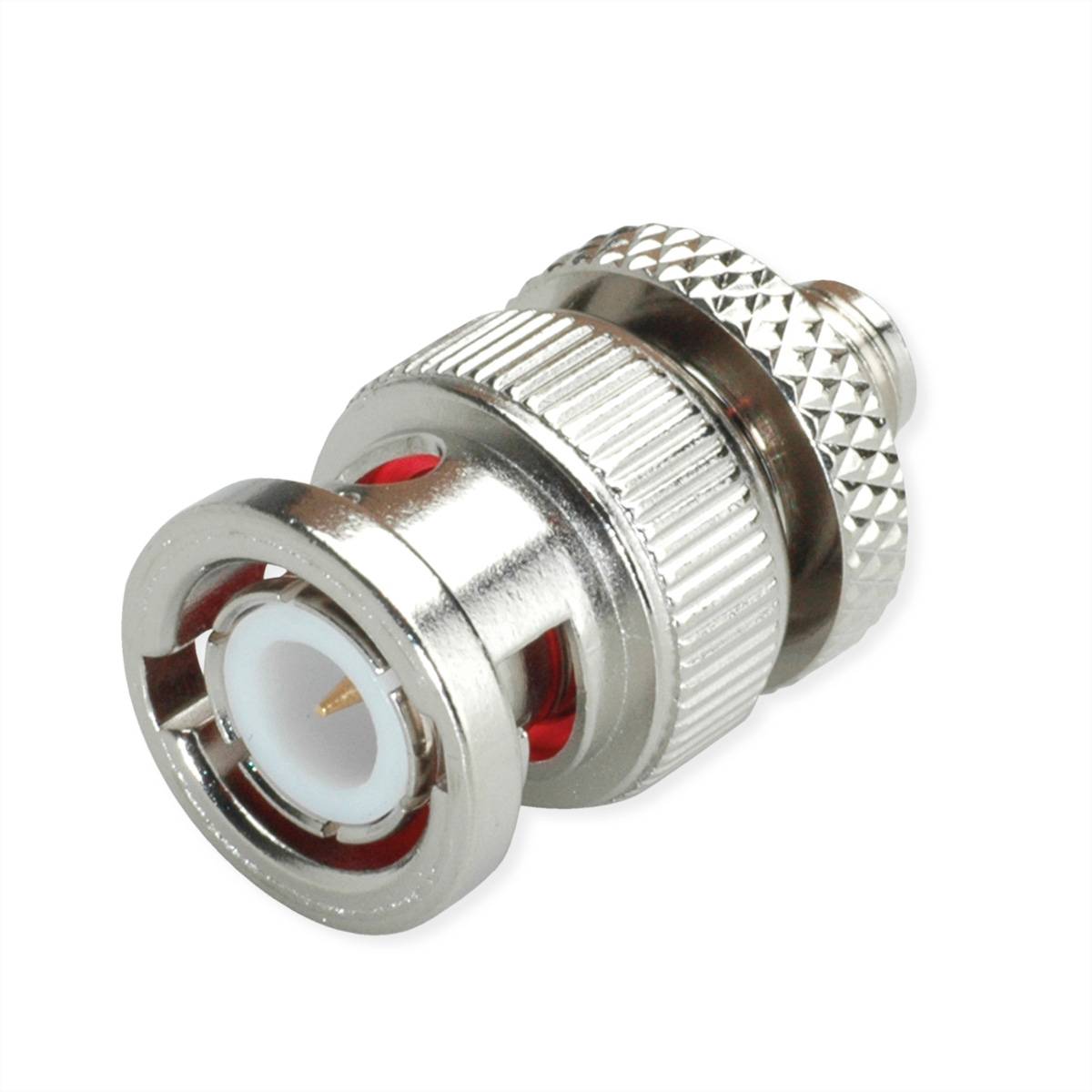 Ein metallischer koaxialer Steckverbinder mit gerilltem Griff und Verriegelungsmechanismus, der zur Übertragung von Video- oder Hochfrequenzsignalen verwendet wird.