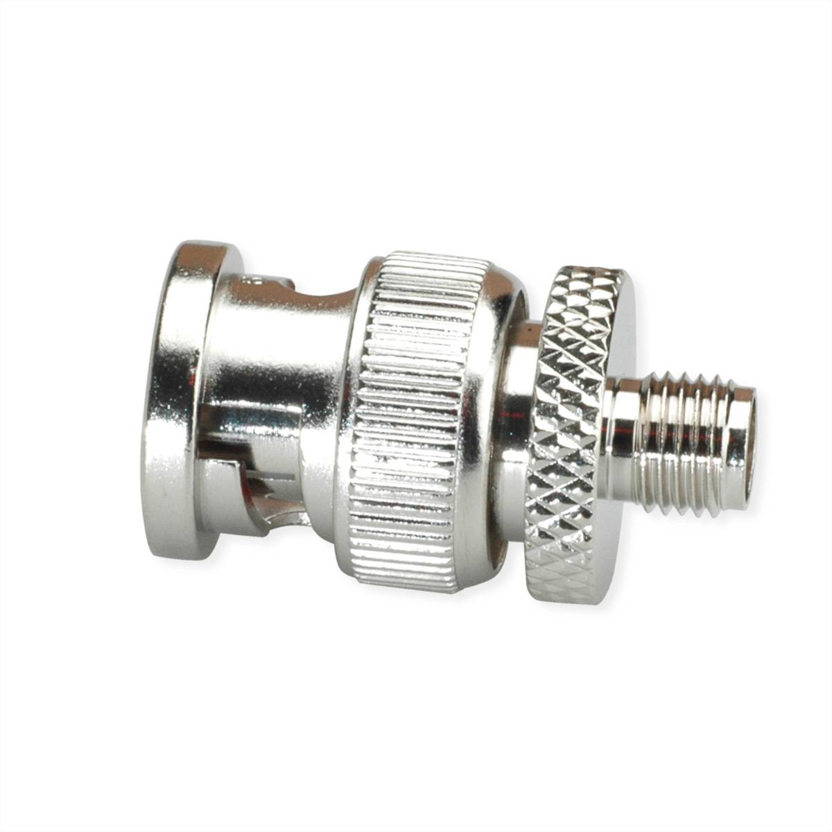 Ein silberner metallischer BNC-Stecker, der seinen Gewinde-Kopplungsmechanismus und den zentralen Stift zeigt, der für Koaxialkabelverbindungen ausgelegt ist.