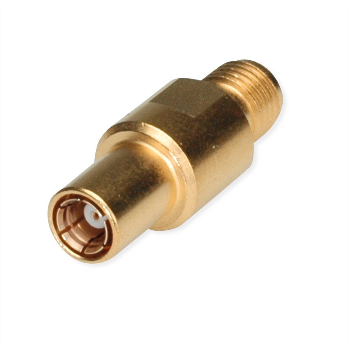 Ein vergoldeter HF-Steckverbinder-Adapter mit einem männlichen SMA-Stecker auf der einen Seite und einer weiblichen SMB-Buchse auf der anderen Seite, verwendet zum Verbinden von Koaxialkabeln.