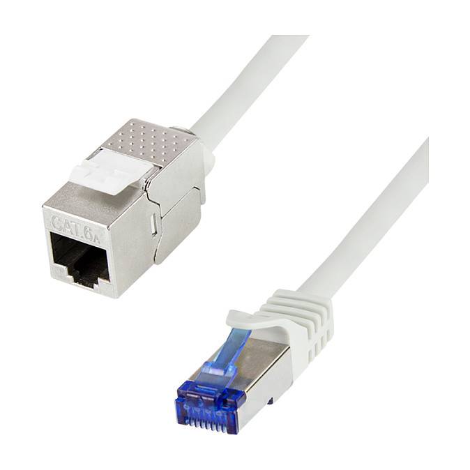 Zwei Ethernet-Kabel mit Steckerenden gezeigt: eine Metall-Cat6-Buchse und einen blauen RJ45-Stecker.