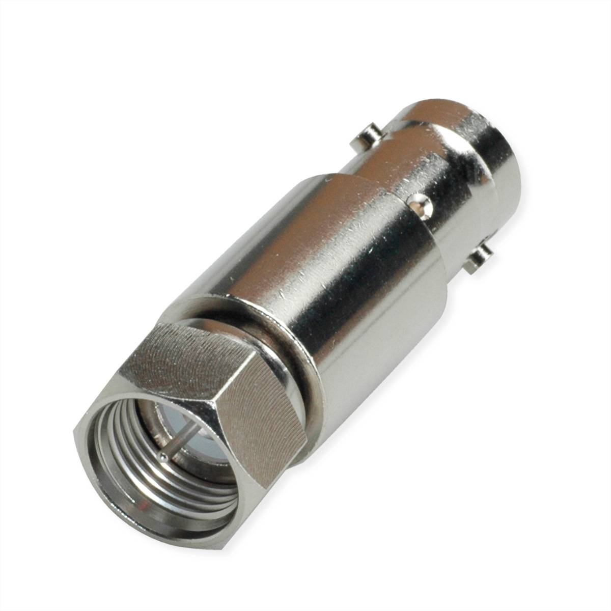 Ein metallischer koaxialer Kabelstecker, der zur Übertragung von Audio- und Videosignalen verwendet wird, vor einem einfachen weißen Hintergrund gezeigt.