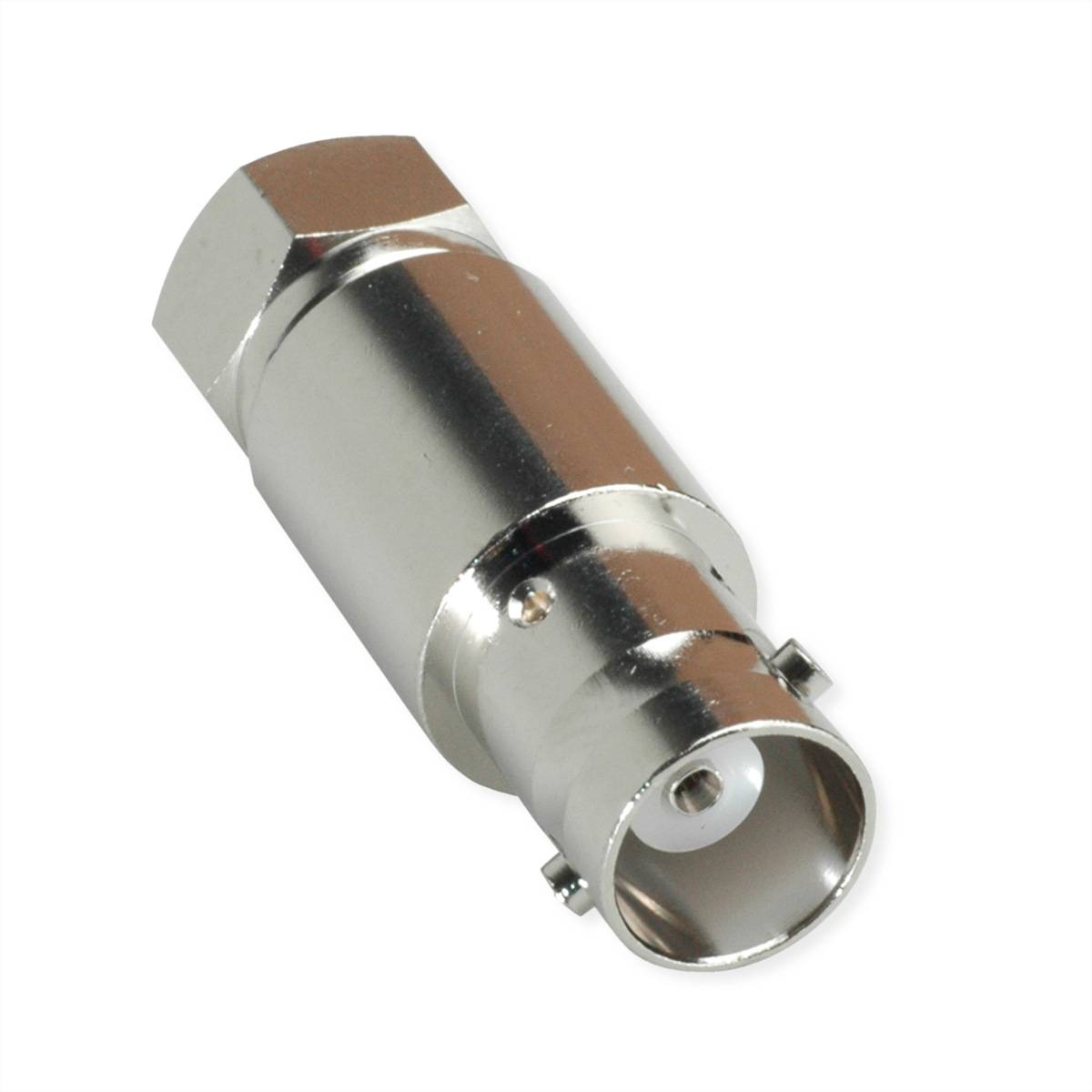 Ein Metallkoaxial-Kabeladapter mit glänzender Oberfläche, mit sechskantigen Enden und zentralem Verbindungspunkt, wird zur Signalübertragung verwendet.