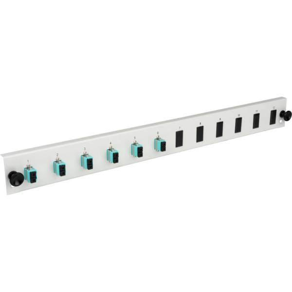 Bestückte 12 Port Frontblende mit 6 x LC, Duplex Kupplung OM4 vertikal, grau Glasfaserverkabelung