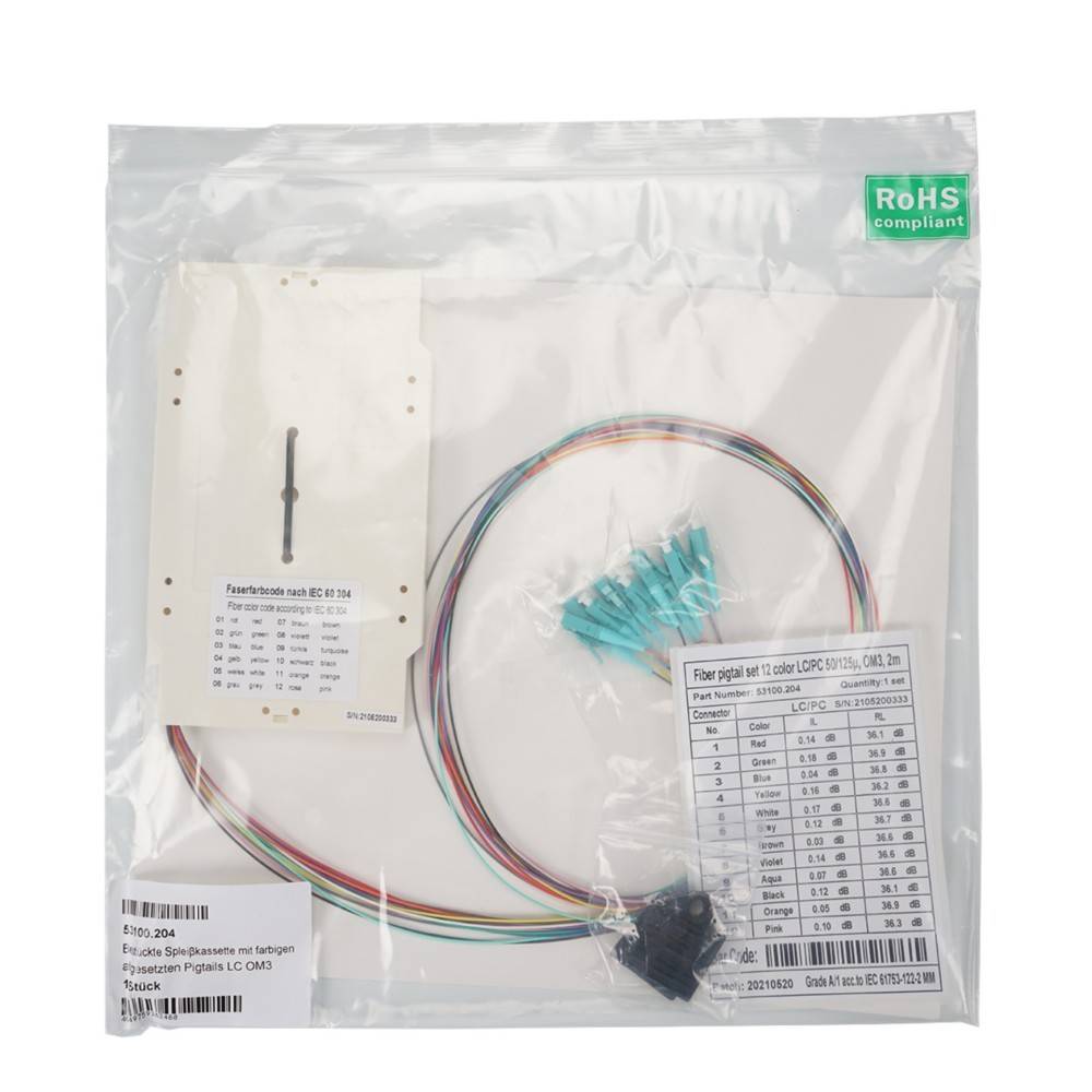 Eine Plastikverpackung mit mehrfarbigen Glasfaserkabeln und Anschlüssen. Ein Etikett zeigt Spezifikationen, und eine Kennzeichnung für RoHS-Konformität ist sichtbar.