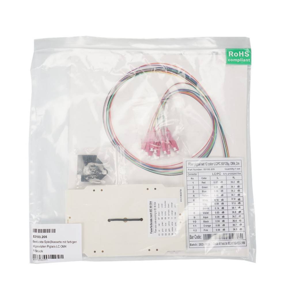 RoHS-konformes Kabelbaum-Set in versiegelter Plastiktüte mit mehrfarbigen Kabeln und Anschlüssen, Teileliste und Barcode.