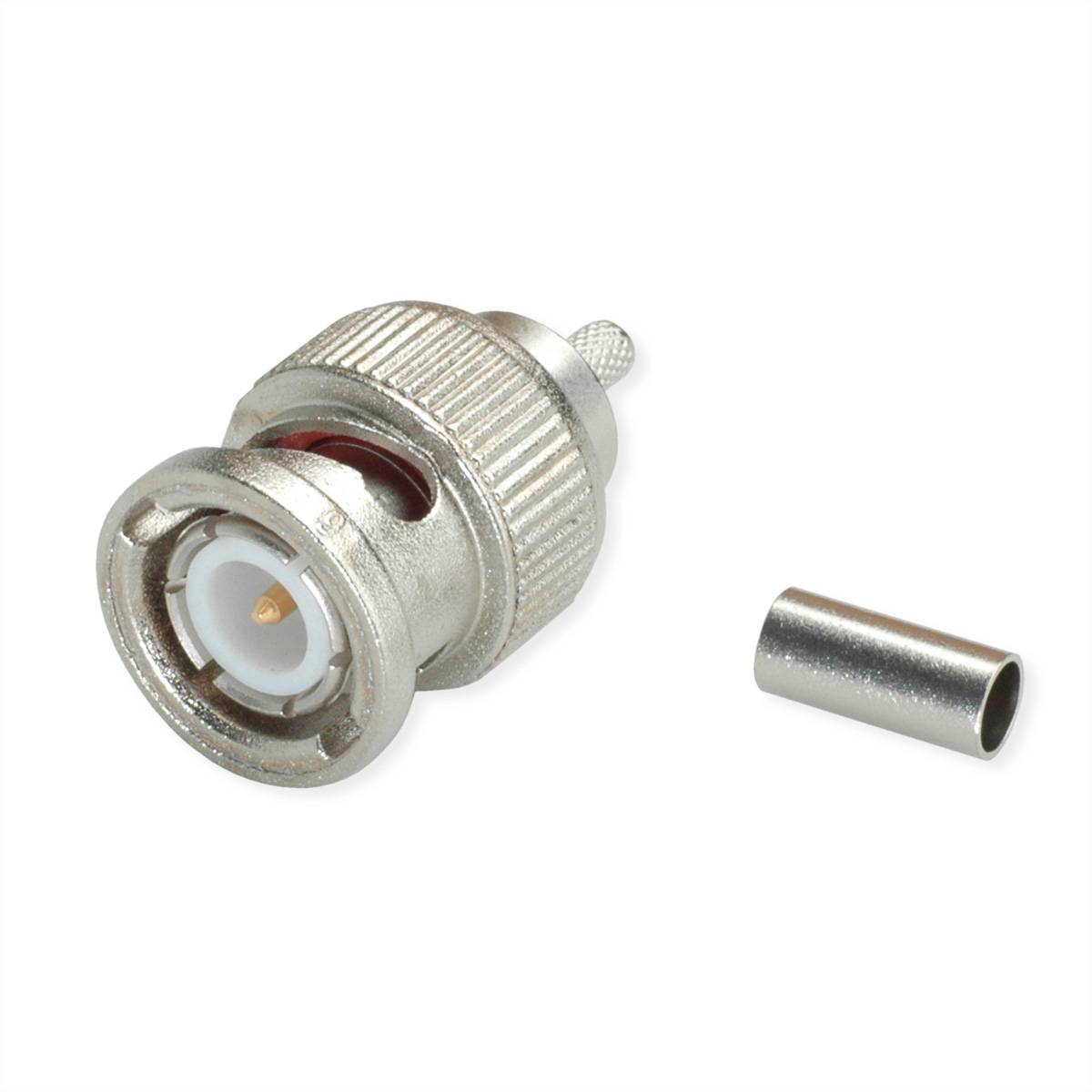 Ein silberner BNC-Stecker mit einer separaten Metallhülse auf weißem Hintergrund.