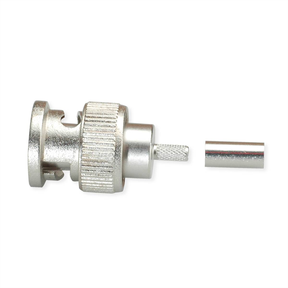Ein silberner koaxialer Kabelstecker mit einem zylindrischen Endstück, beide horizontal auf weißem Hintergrund ausgerichtet.