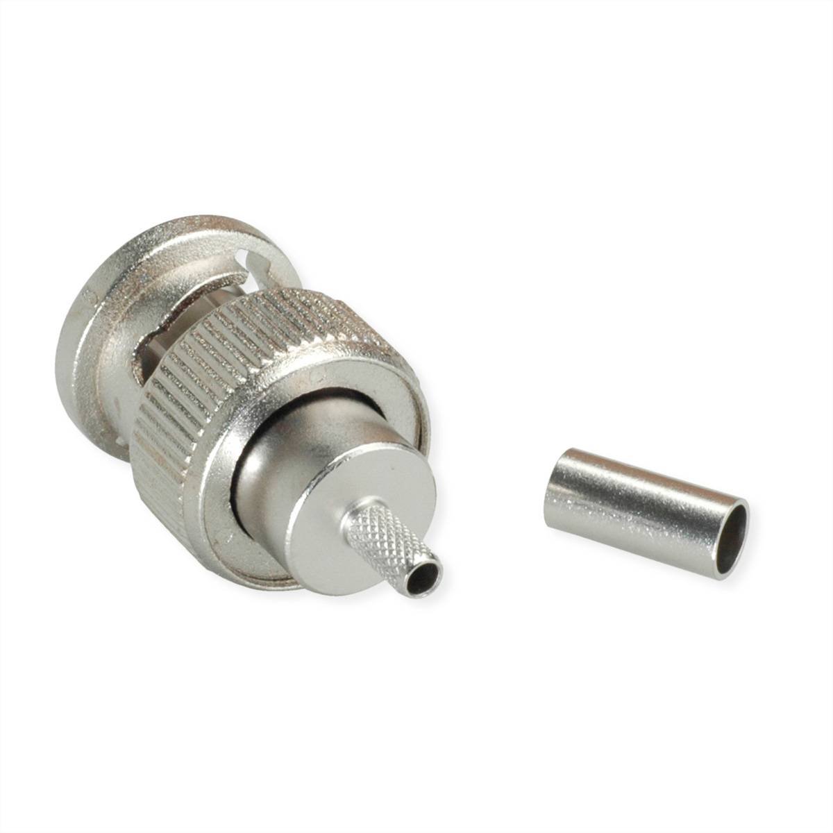 Ein Metallkoaxialkabelstecker mit abnehmbarer Muffe, der zum Verbinden von Kabeln in elektronischen oder Rundfunkgeräten verwendet wird.
