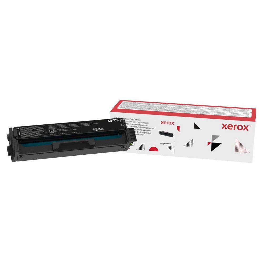Xerox-Druckertoner-Kartusche neben ihrer weiß-roten Einzelhandelsverpackung auf weißem Hintergrund.