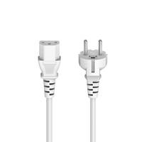 Zwei weiße Stromstecker von vorne und von hinten gezeigt, mit einem europäischen zweipoligen Stecker auf der rechten Seite und einem rechteckigen Stecker auf der linken Seite.