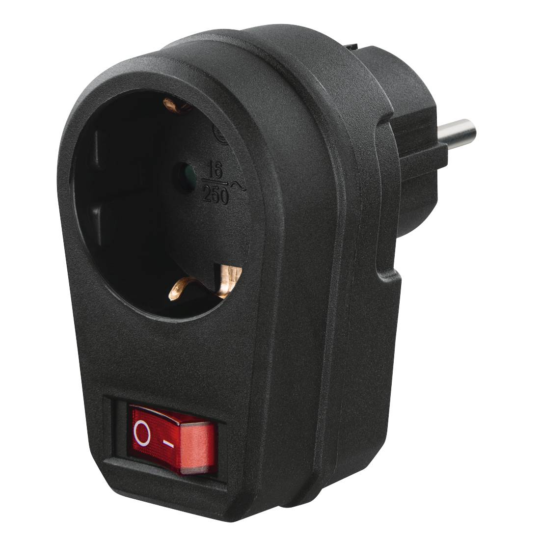 Schwarzer Stecker-Netzadapter mit europäischem zweipoligem Stecker, einzelner Frontbuchse und rotem Ein-/Ausschalter.