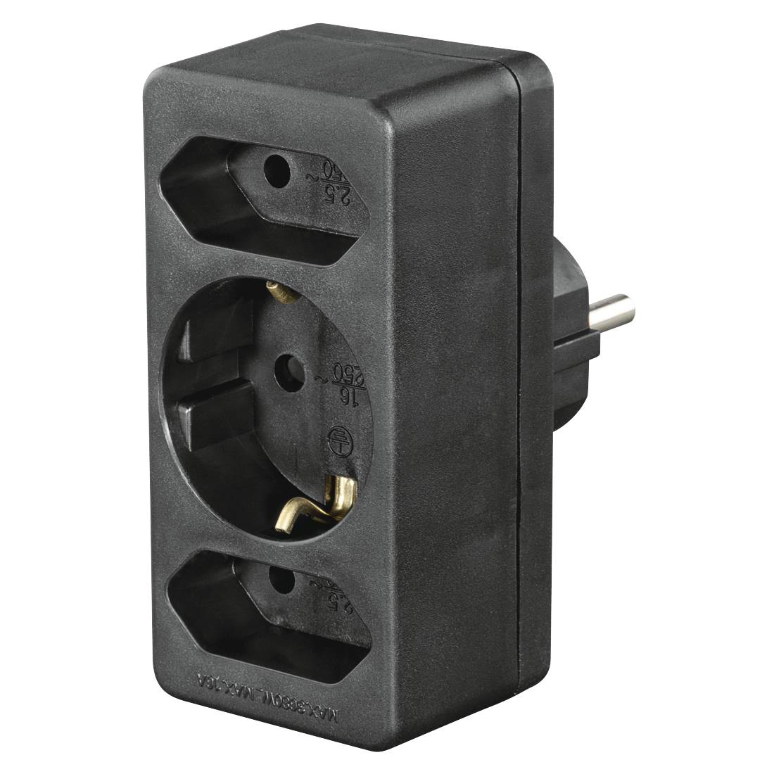 Schwarzer europäischer Steckdosenadapter mit einer runden Buchse und zweipoliger Steckerverbindung, dargestellt auf weißem Hintergrund.