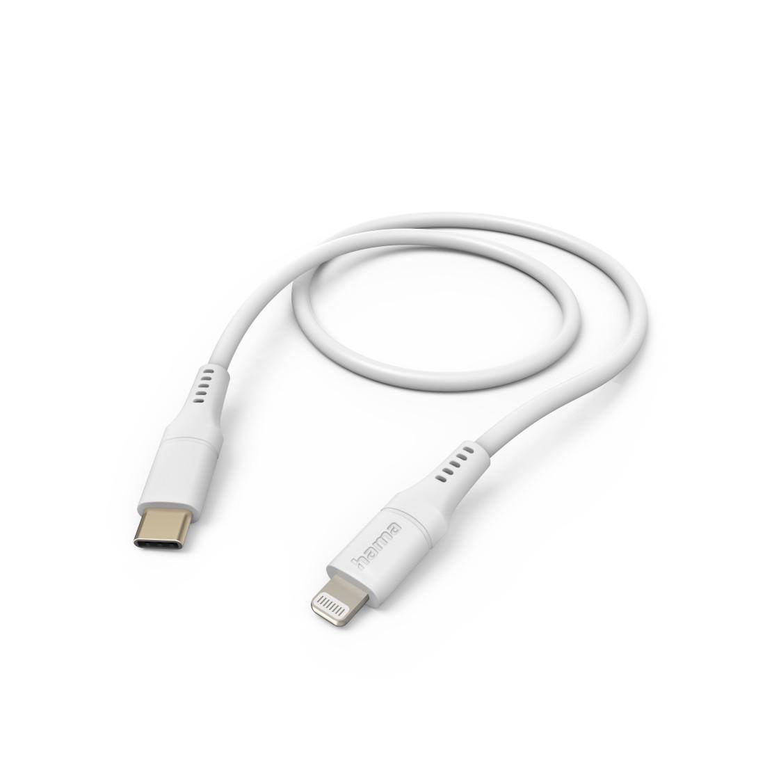 Weißes USB-C-auf-Lightning-Ladekabel aufgerollt auf weißem Hintergrund.