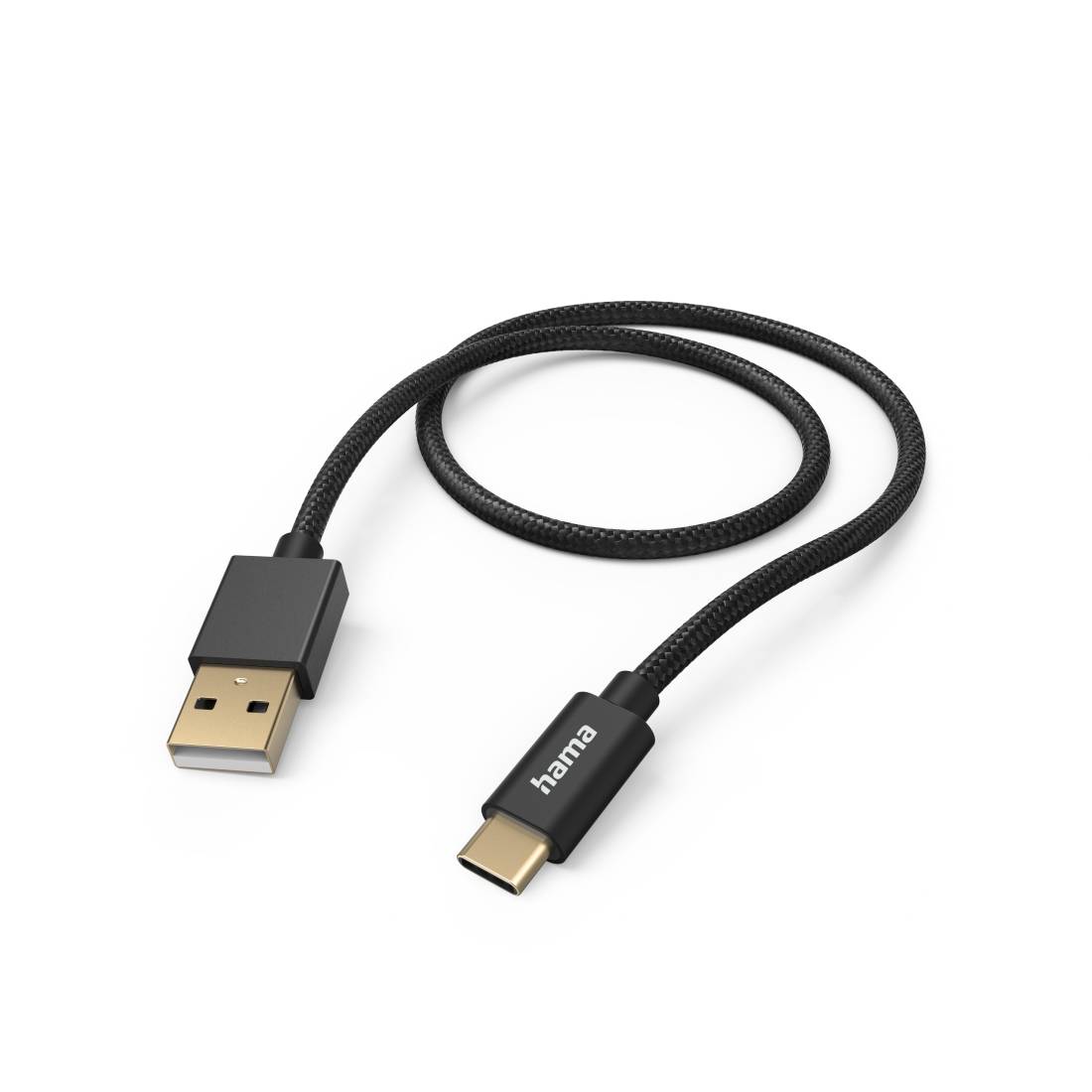 Ein schwarzes Kabel mit einem USB-A-Anschluss an einem Ende und einem USB-C-Anschluss am anderen Ende, mit der Bezeichnung 'hama'.