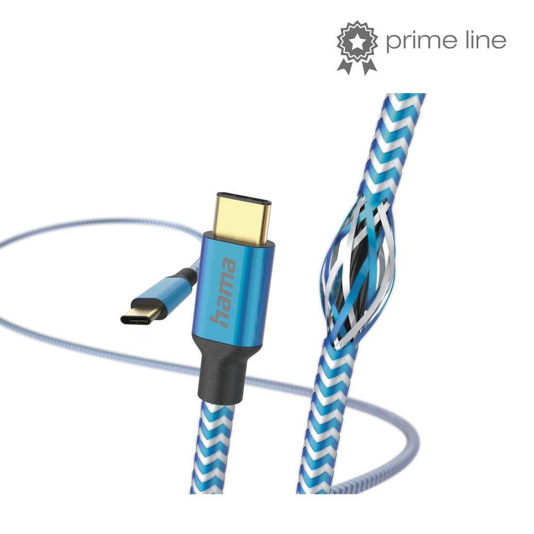 Blaues geflochtenes USB-C-Kabel mit Spulenkabeldetail und „Prime Line