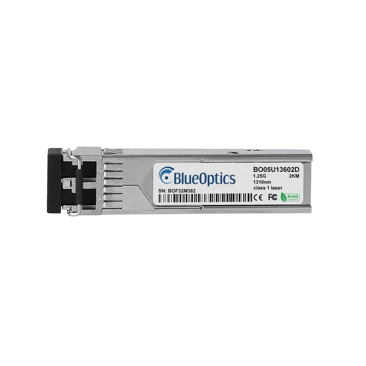 BlueOptics Glasfaser-Transceiver-Modul mit schwarzem Anschluss auf weißem Hintergrund, gekennzeichnet mit B00SU13602D und 1,25G 1310nm 2km.