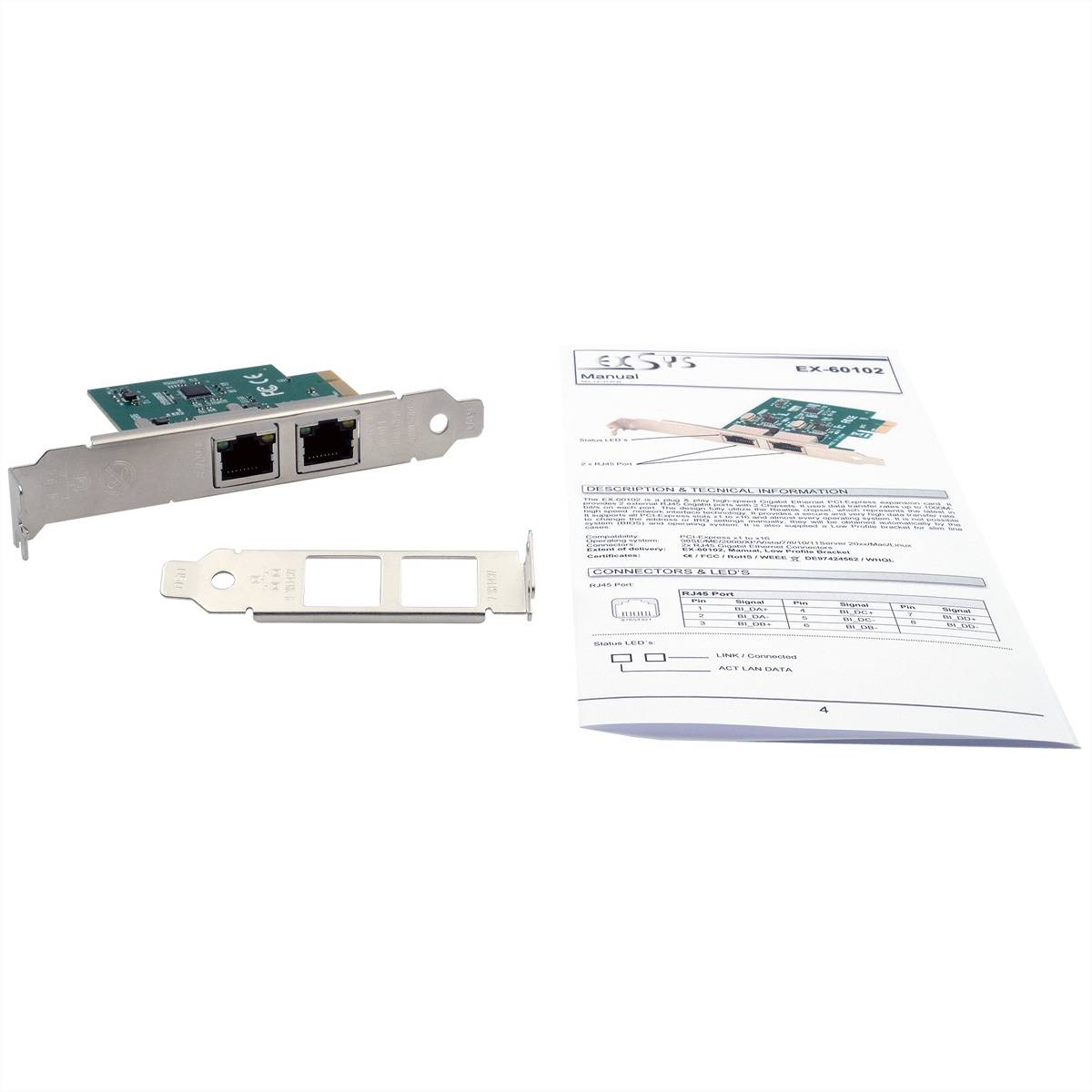 EXSYS EX-60102 2-Port 1Gigabit PCIe Netzwerkkarte
