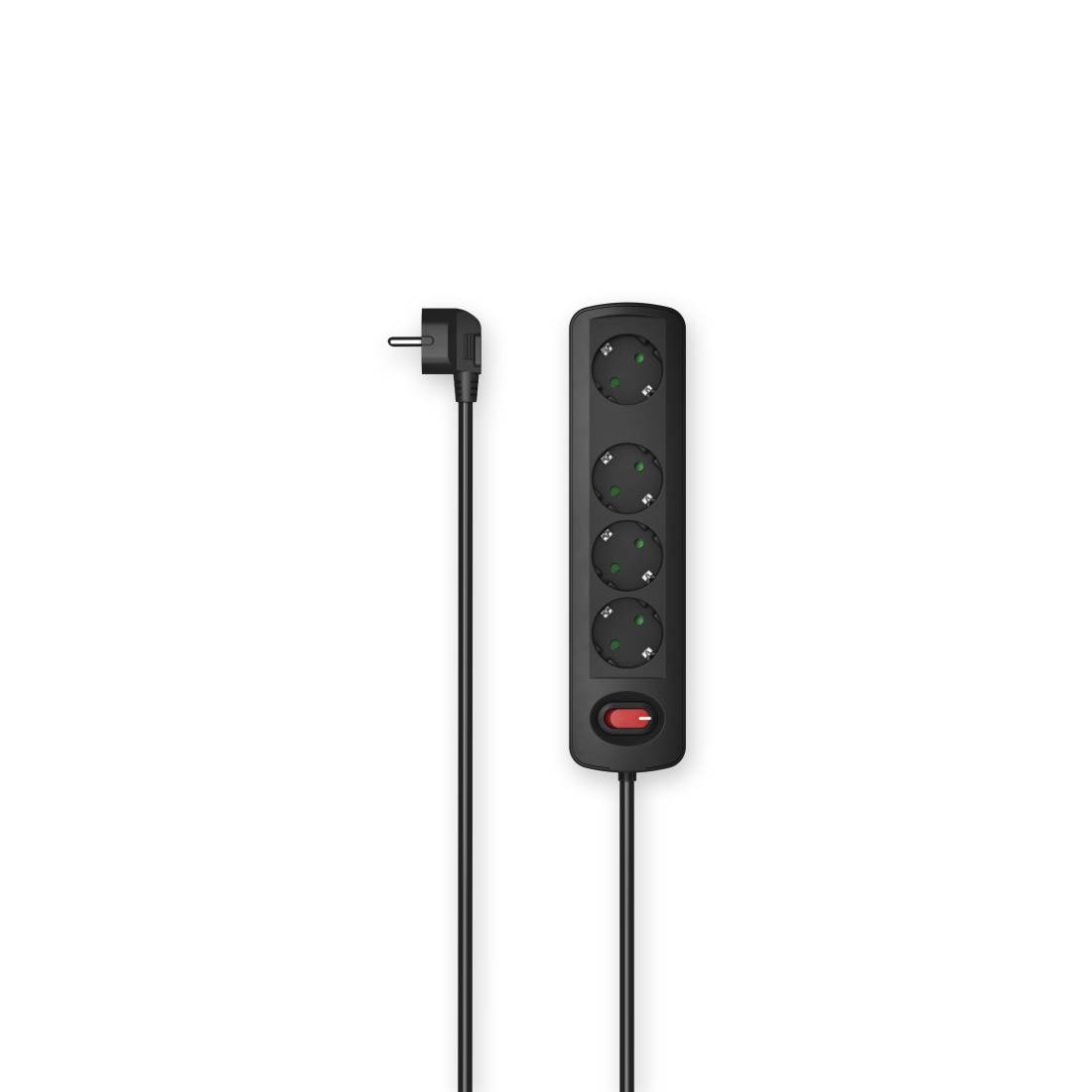 Schwarze Steckdosenleiste mit vier runden Steckdosen und einem roten Ein-/Ausschalter, abgebildet mit Stecker und Kabel auf weißem Hintergrund.