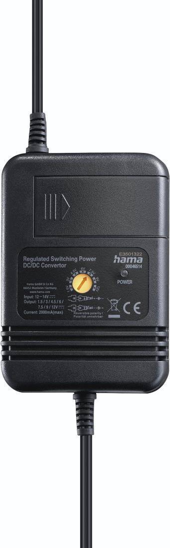 Schwarzer Hama-geregelter Schaltnetzteil mit angebrachtem Kabel, mit Beschriftung DC/DC-Wandler und Stromanzeige, Vorderansicht dargestellt.