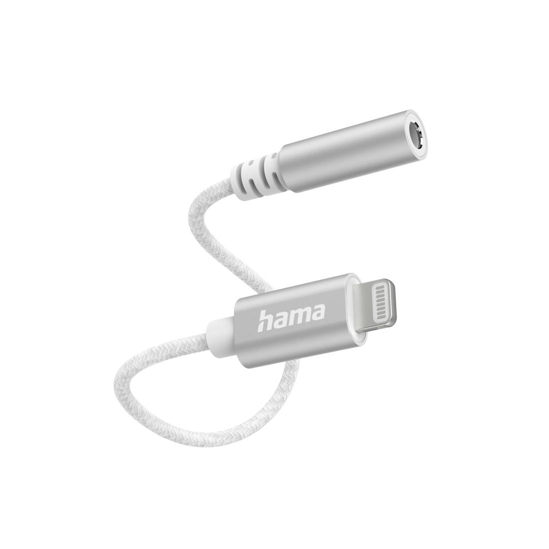 Weißes Audio-Adapterkabel mit einer weiblichen Buchse an einem Ende, einem Lightning-Stecker am anderen Ende und „hama